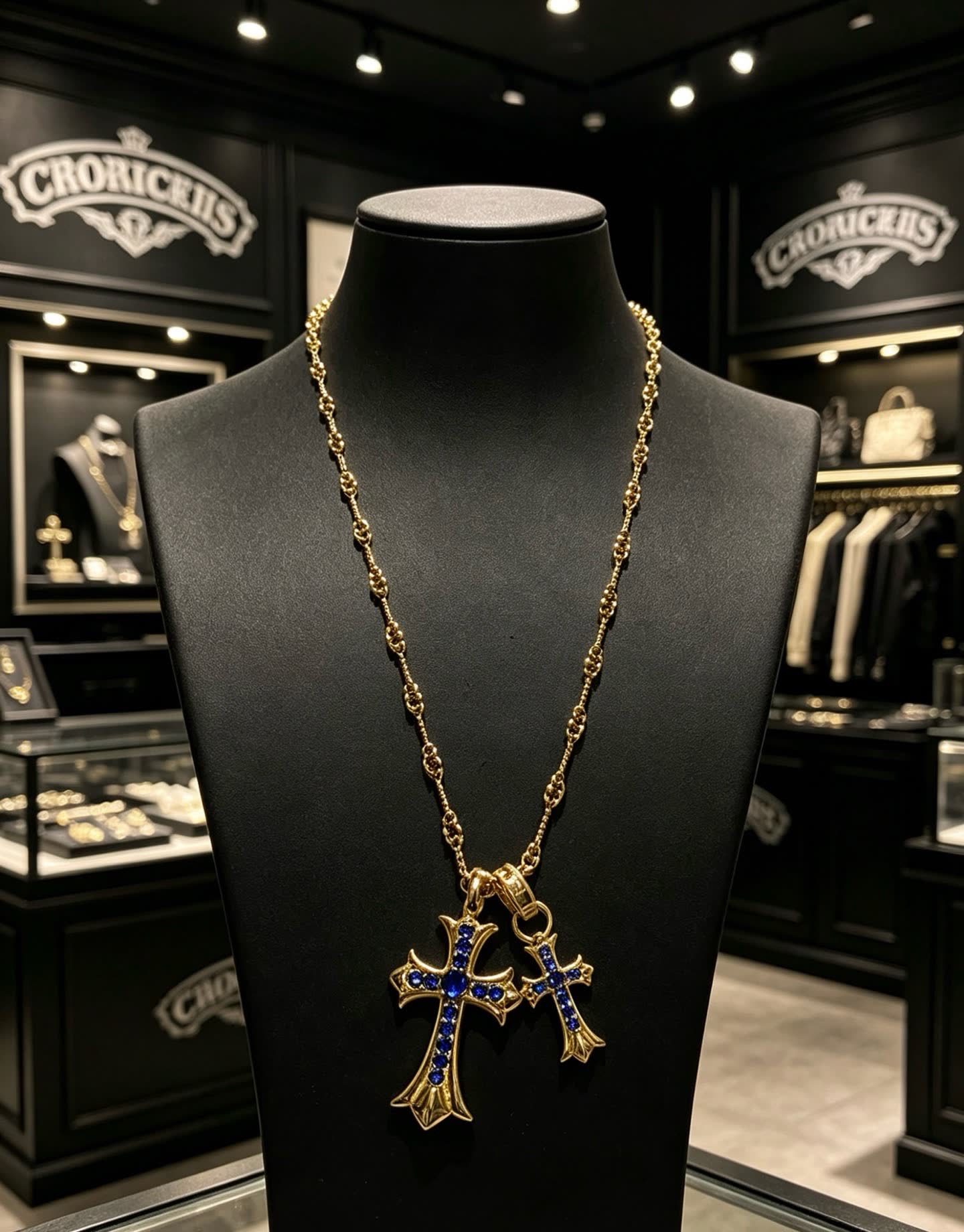 Chrome Hearts Gold Cross Pendant Necklace with Blue Stones
